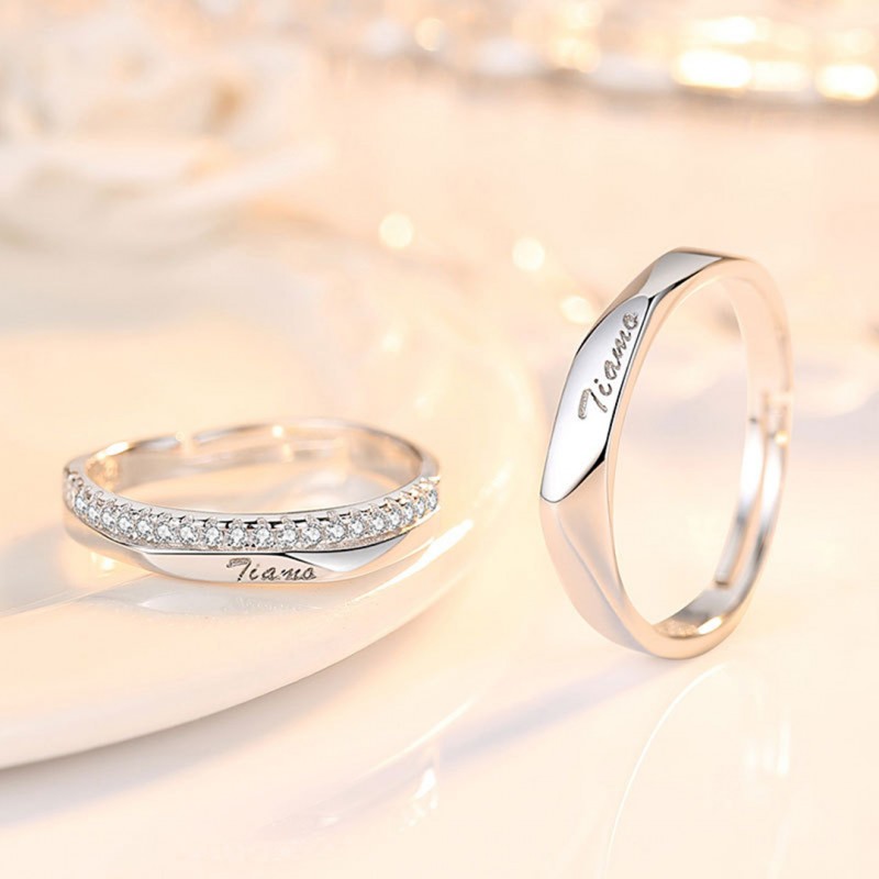 Italian 'I Love You' Open Couple Ring Rhombus Smooth Inlaid with Diamonds