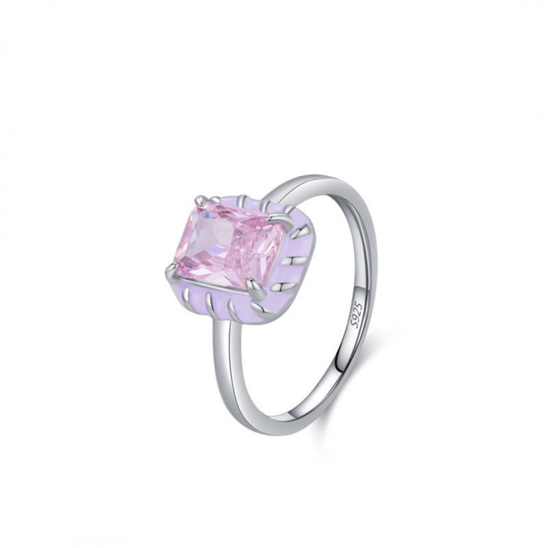 Luxurious Pink Rectangular Cubic Zirconia Enamel Engagement Ring